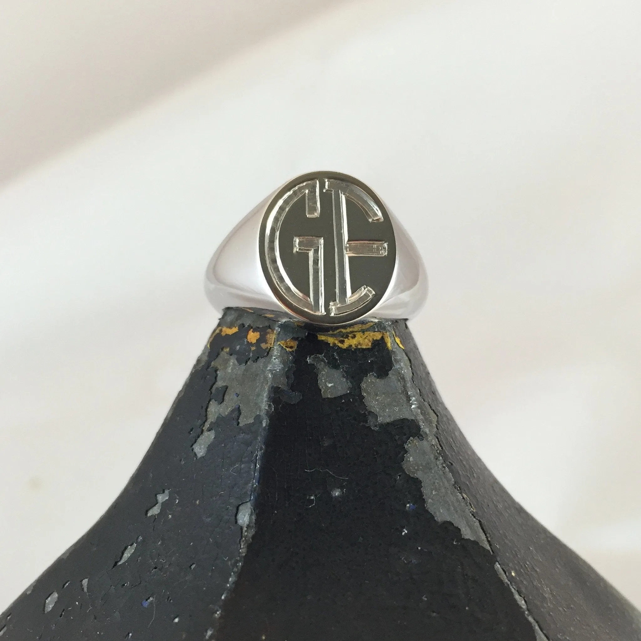 2 Initials Engraved 13mm x 11mm  -  9 Carat White Gold Signet Ring