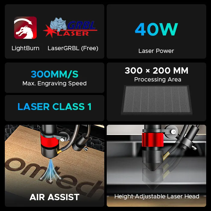 40W Desktop Laser Cutter with a 300x200mm Engraving Area | K40 Plus