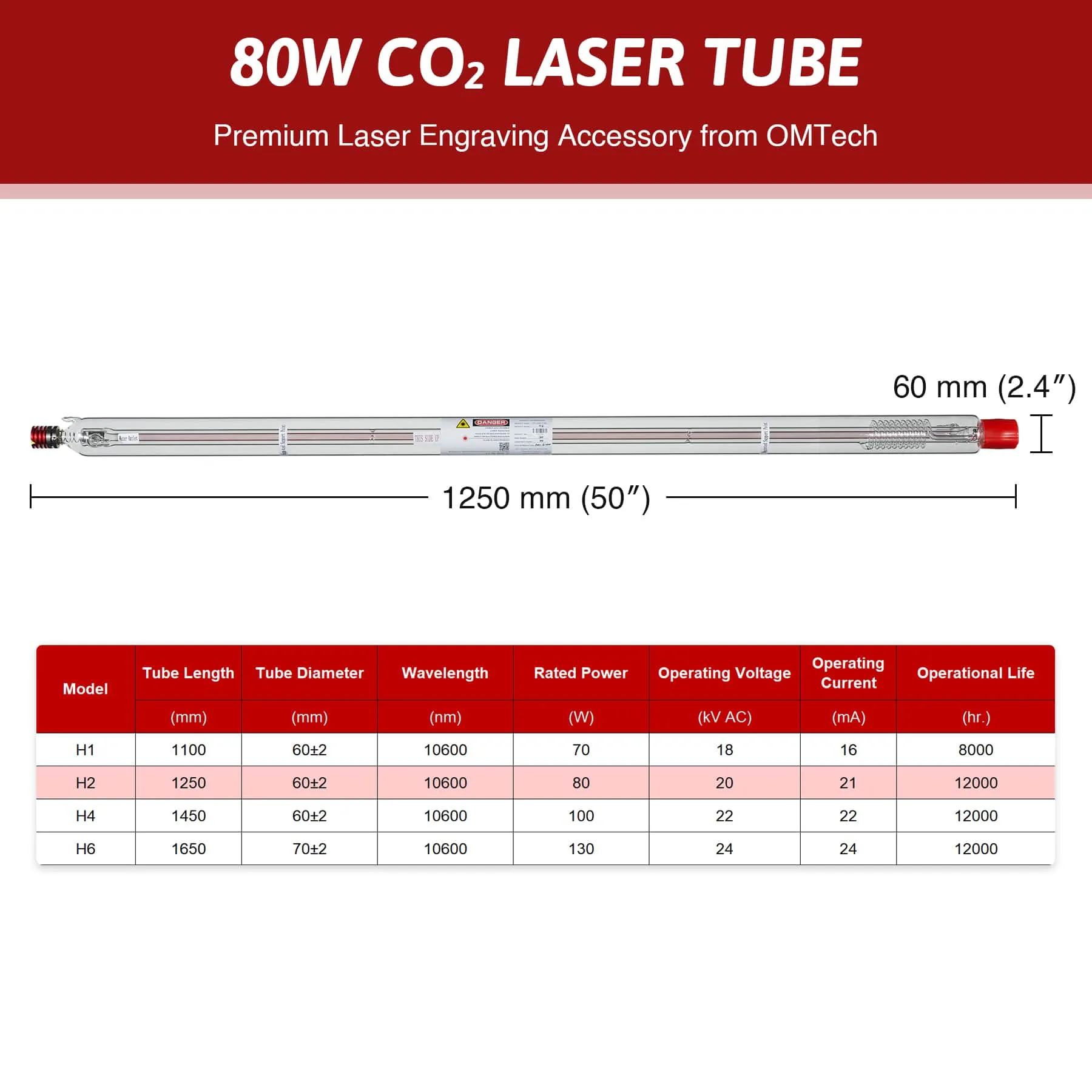 80W CO2 Laser Tube for Laser Engraving Machines & Cutters | YL-80