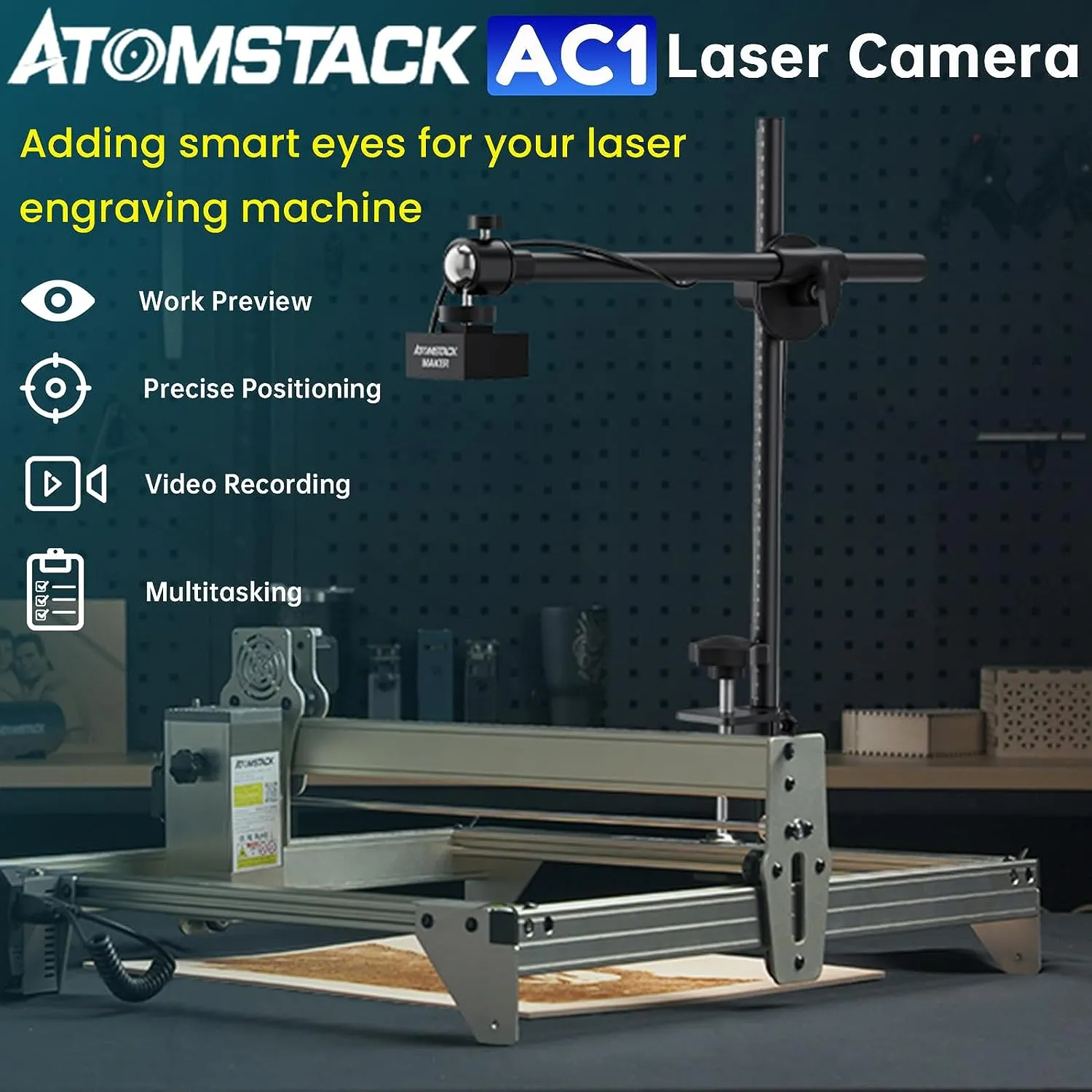 ATOMSTACK MAKER AC1 Camera for Laser Engraver, 400*400mm Photography Area Laser Camera for Engraver, Laser Engraver Camera Support Video Record, Work Preview, Multitask Operation, Precise Positioning