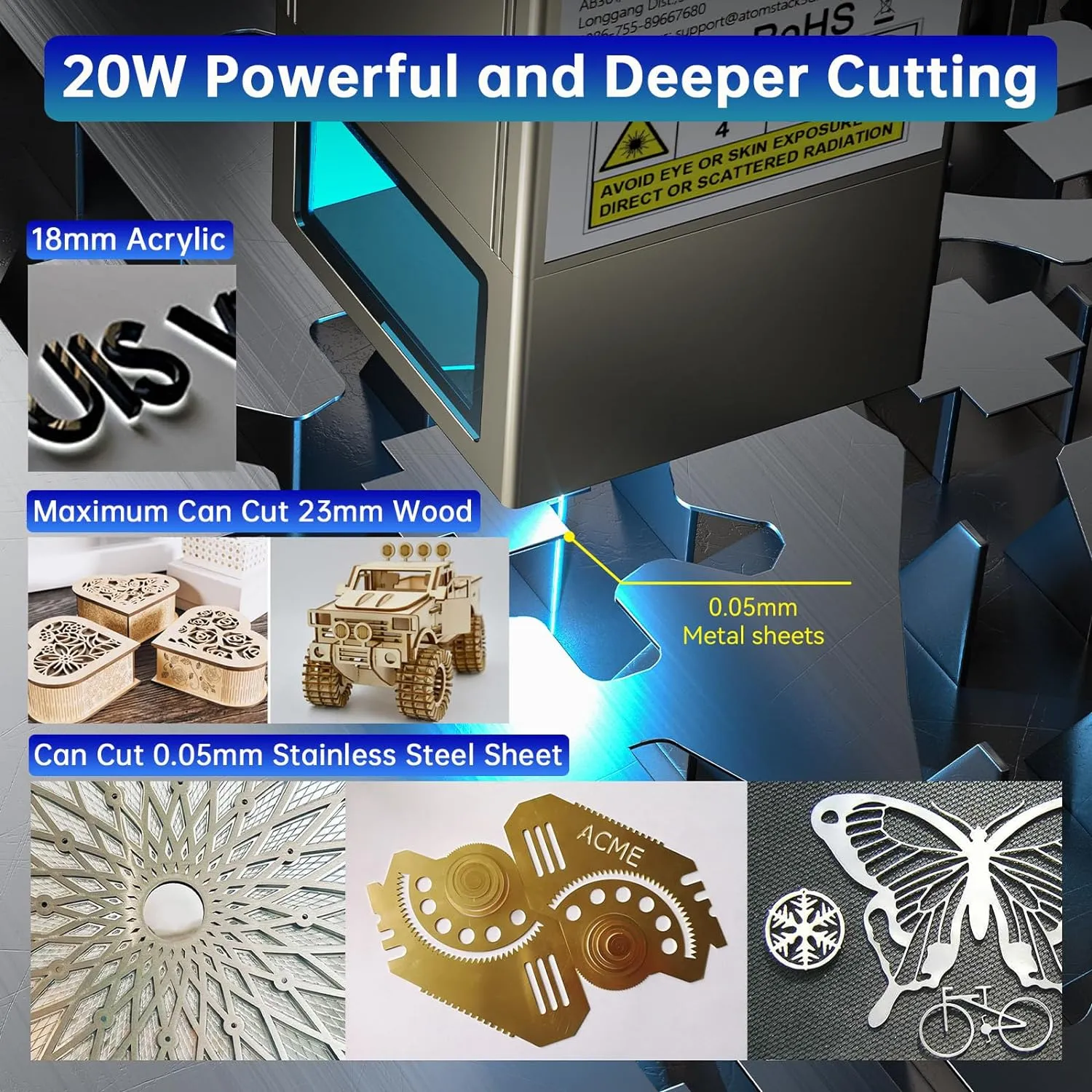 ATOMSTACK S20 PRO A20 PRO X20 PRO Laser Engraver With Air Assist Kits, 130W Laser Engraving Cutting Machine, 20W Optical Power 0.08 * 0.1mm Compressed Spot Laser Cutter For Metal,Phone APP Touch Screen Offline Engraving