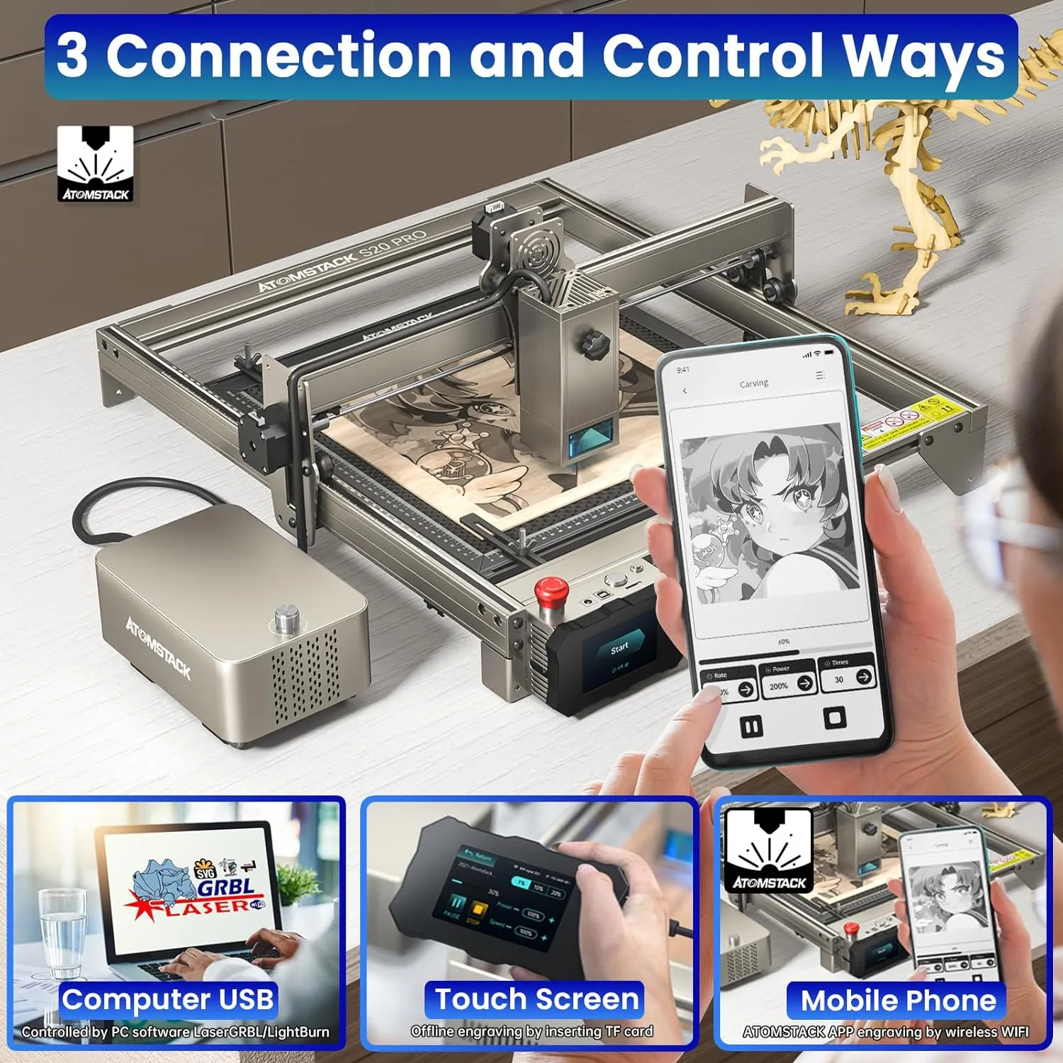 ATOMSTACK S20 PRO A20 PRO X20 PRO Laser Engraver With Air Assist Kits, 130W Laser Engraving Cutting Machine, 20W Optical Power 0.08 * 0.1mm Compressed Spot Laser Cutter For Metal,Phone APP Touch Screen Offline Engraving