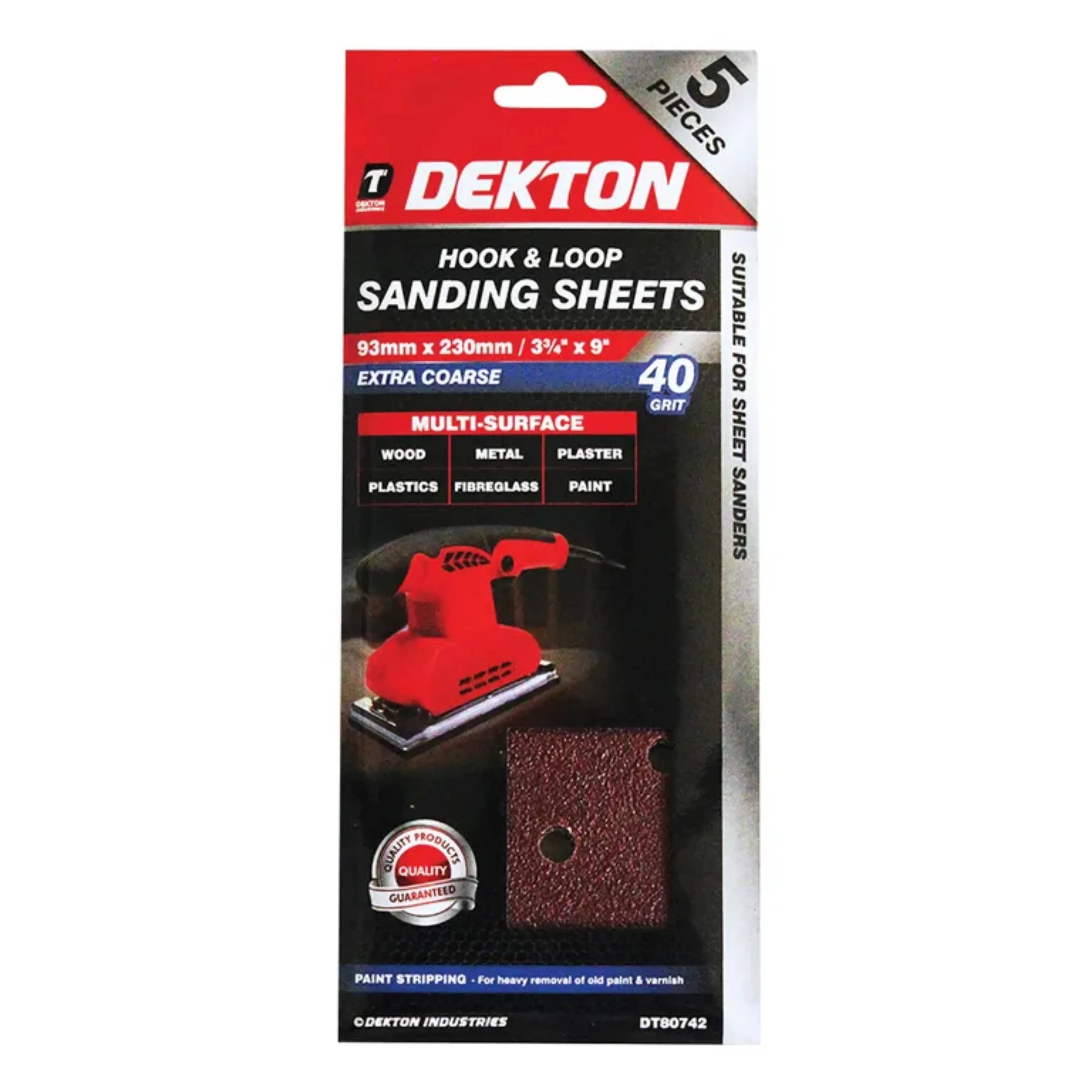 DEKTON 5PC Hook and Loop Sanding Sheets 93mm x 230mm - Extra Coarse 40 Grit