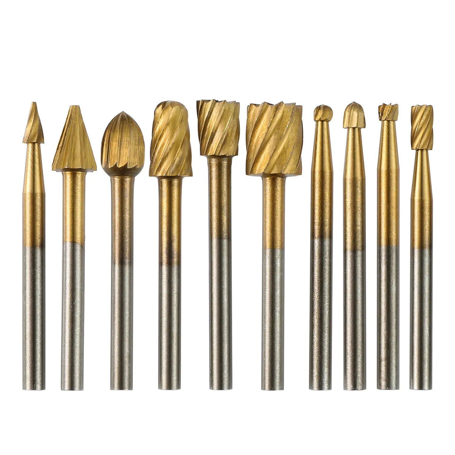 [Discontinued] RR10A, 1/8" Shank 10-PCS Titanium Coat HSS Rotary Burr Router Bit Set