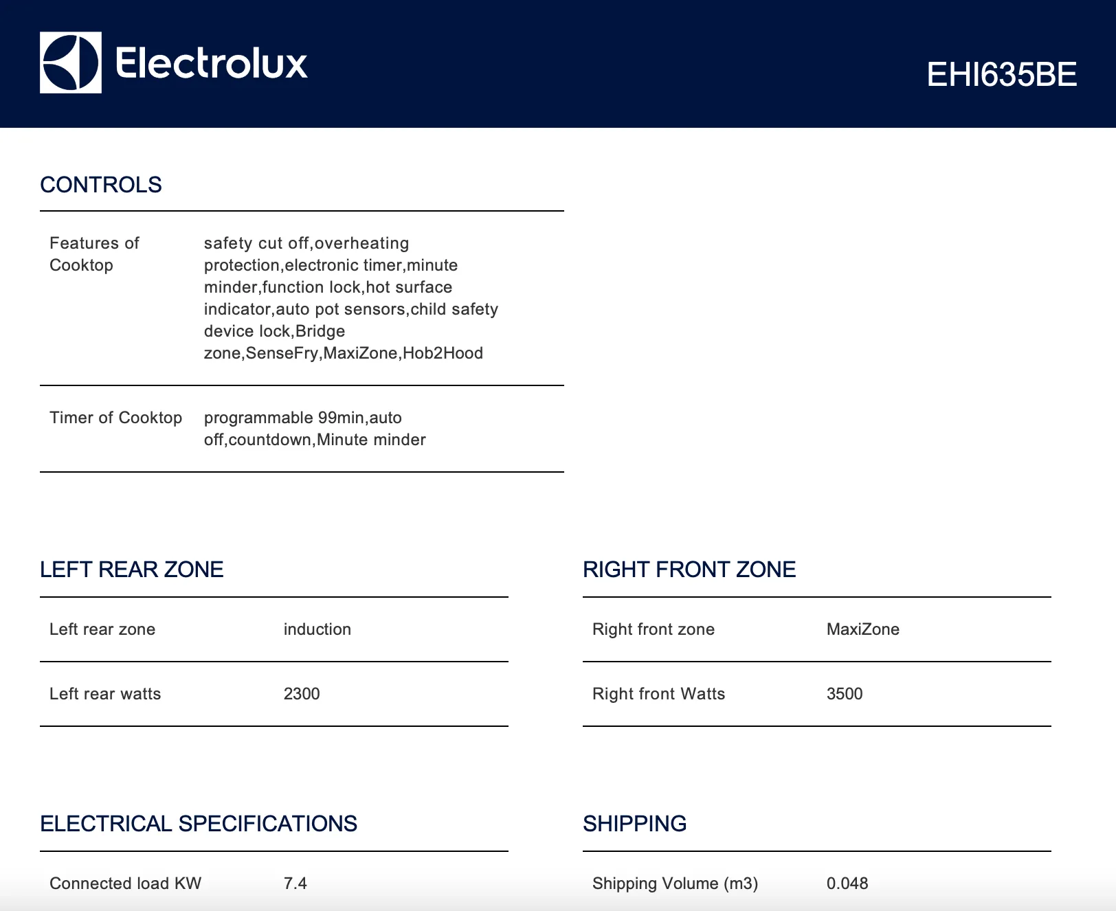 Electrolux EHI635BE 600mm UltimateTaste 700 3 Zone Induction Cooktop - New in Box Clearance and Seconds Discount