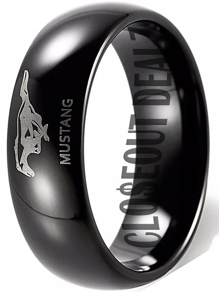 Ford Mustang Ring, Ford Mustang Logo Tungsten Ring, Black 8mm Comfort Band