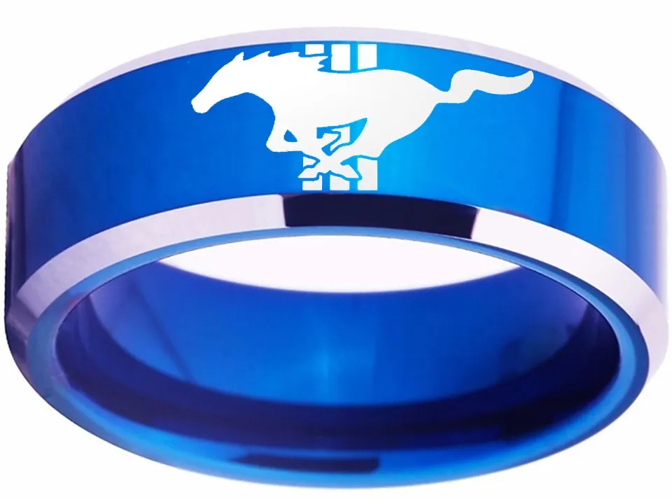 Ford Mustang Ring Ford Wedding Band Tungsten Blue and Silver Logo Ring Sizes 4 - 17