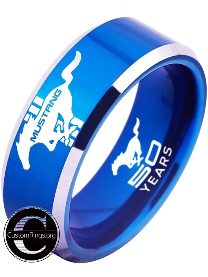 Ford Mustang Ring Ford Wedding Band Tungsten Blue and Silver Logo Ring Sizes 4 - 17