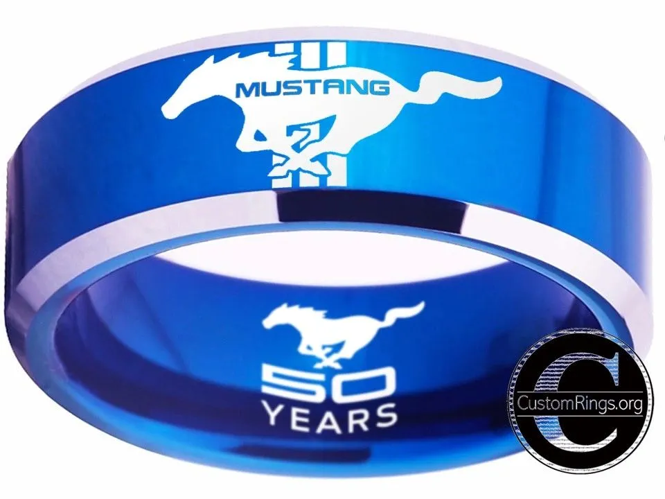 Ford Mustang Ring Ford Wedding Band Tungsten Blue and Silver Logo Ring Sizes 4 - 17