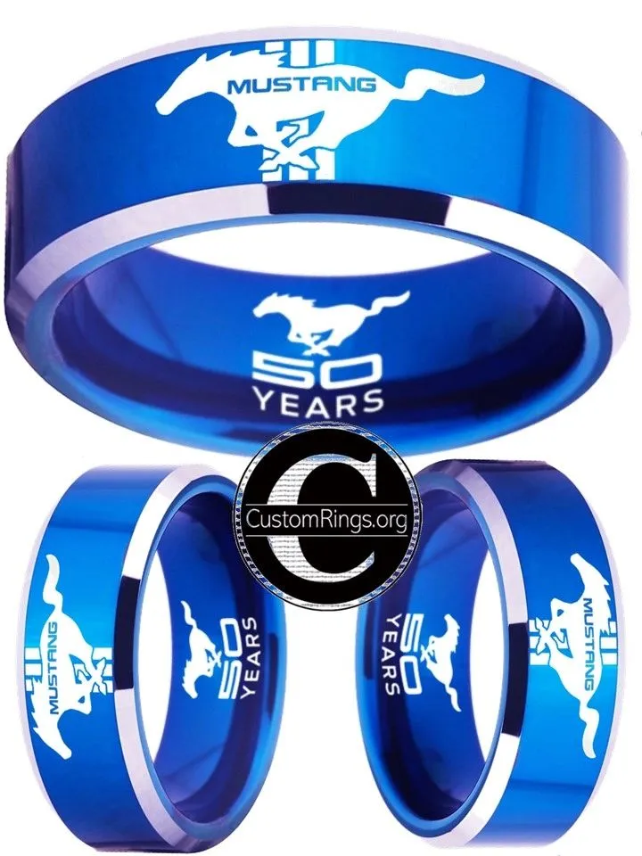 Ford Mustang Ring Ford Wedding Band Tungsten Blue and Silver Logo Ring Sizes 4 - 17