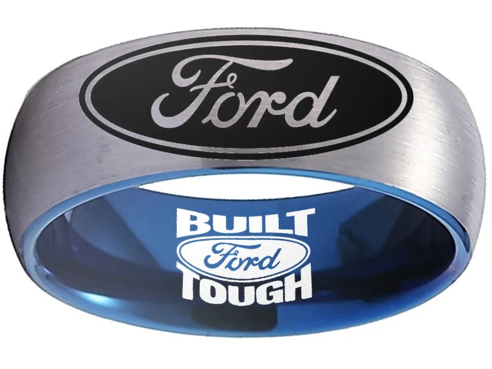 Ford Ring Ford Wedding Band 8mm Tungsten Silver and Blue Ring Sizes 6 - 13