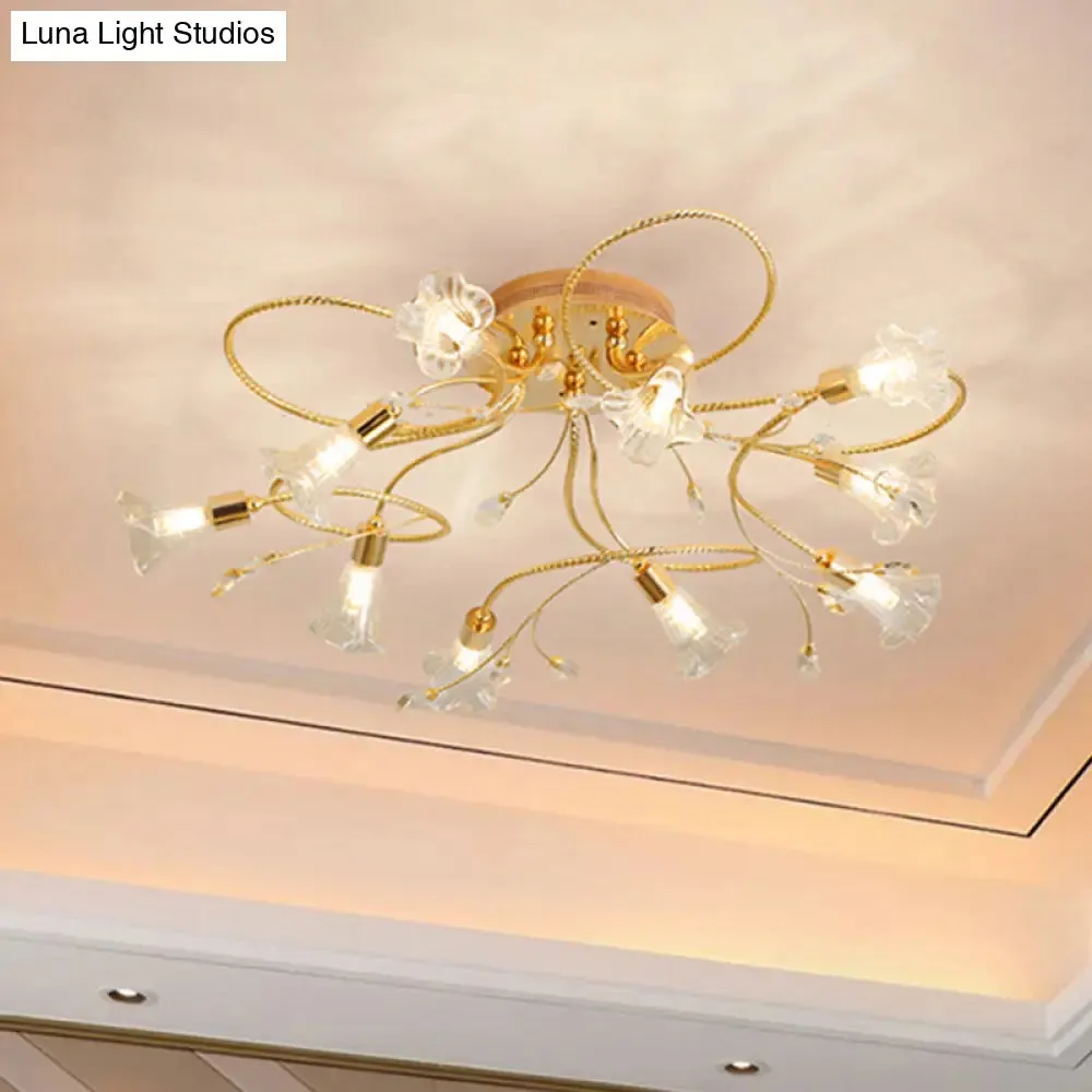 Gold Crystal Floral Semi Flush Mount Modern Ceiling Lighting for Living Room - 10/15 Heads