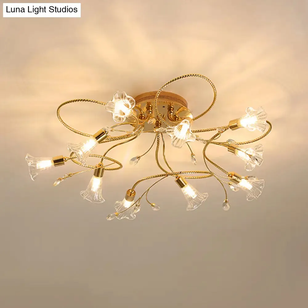 Gold Crystal Floral Semi Flush Mount Modern Ceiling Lighting for Living Room - 10/15 Heads