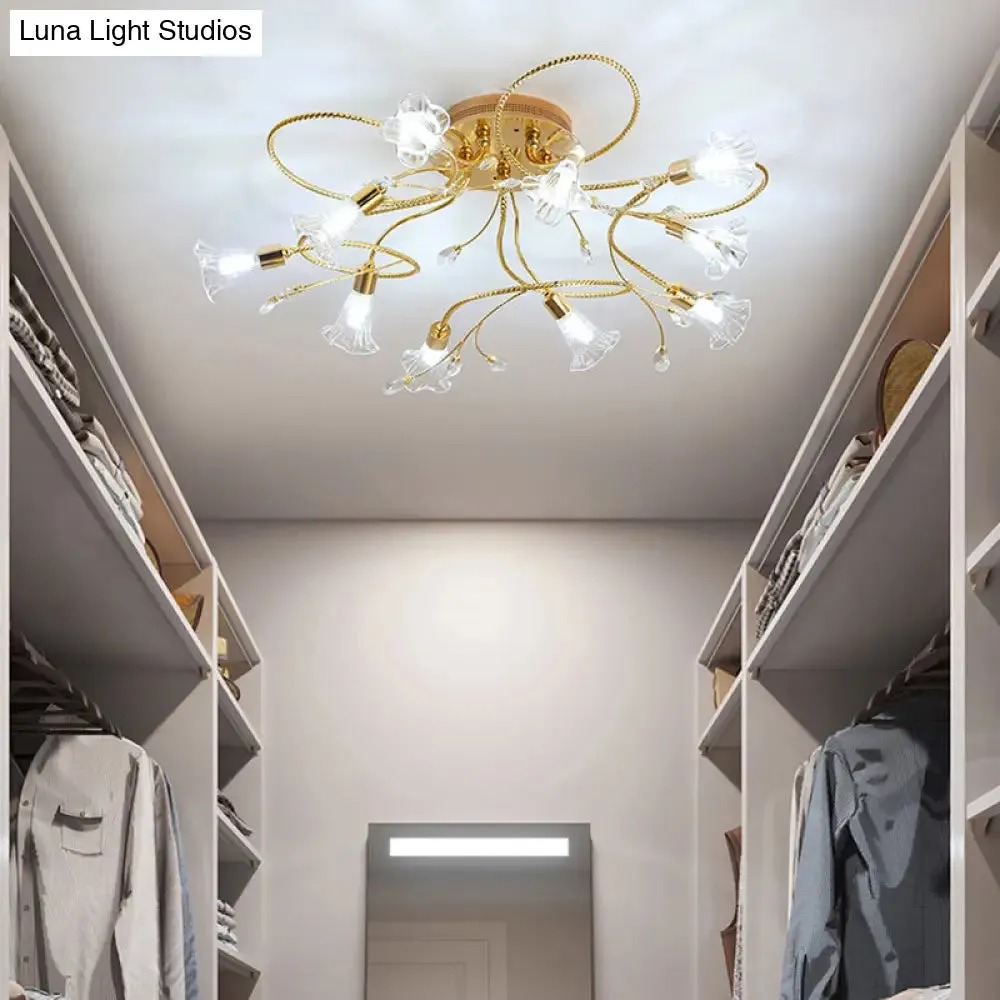 Gold Crystal Floral Semi Flush Mount Modern Ceiling Lighting for Living Room - 10/15 Heads