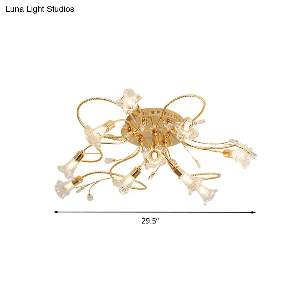 Gold Crystal Floral Semi Flush Mount Modern Ceiling Lighting for Living Room - 10/15 Heads