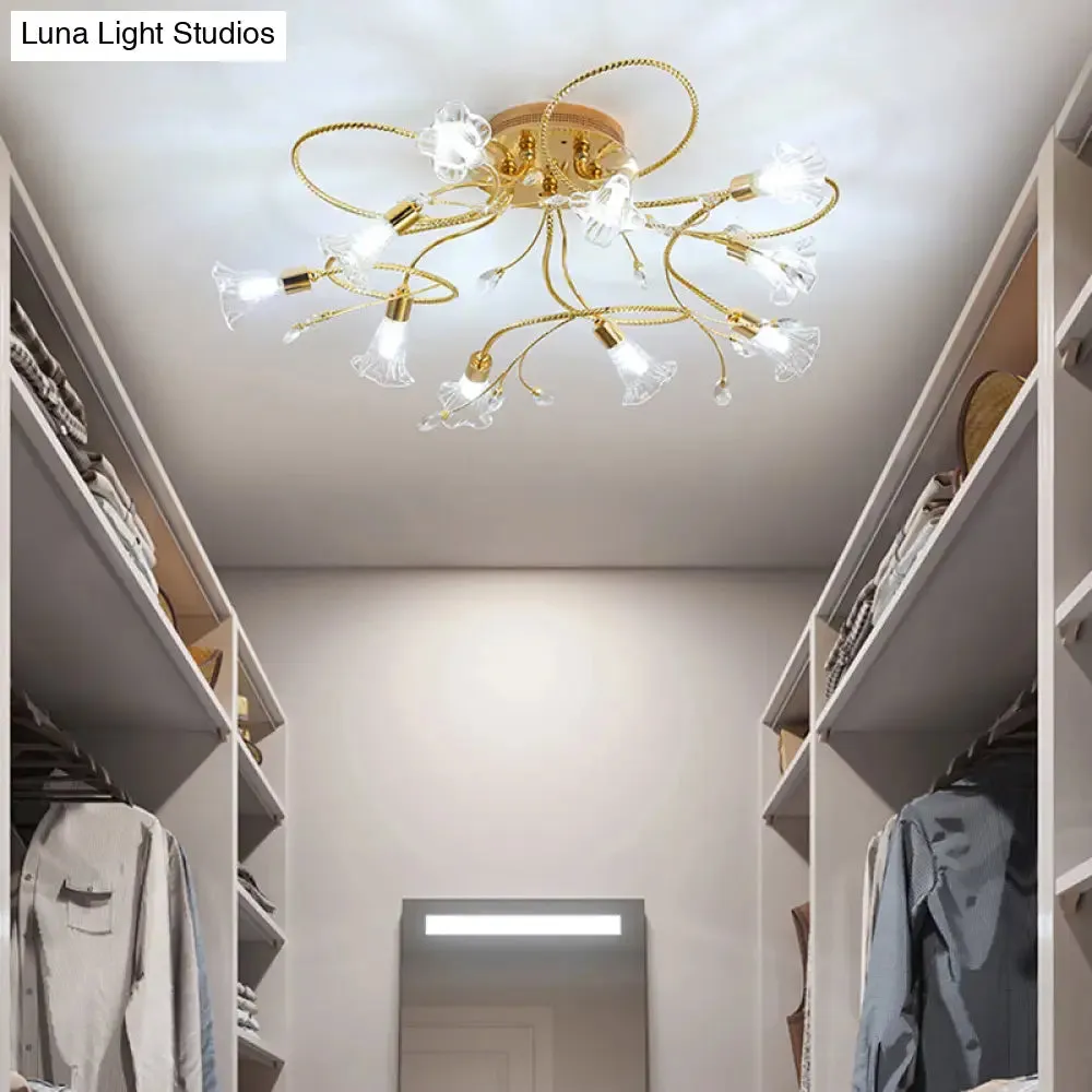 Gold Crystal Floral Semi Flush Mount Modern Ceiling Lighting for Living Room - 10/15 Heads