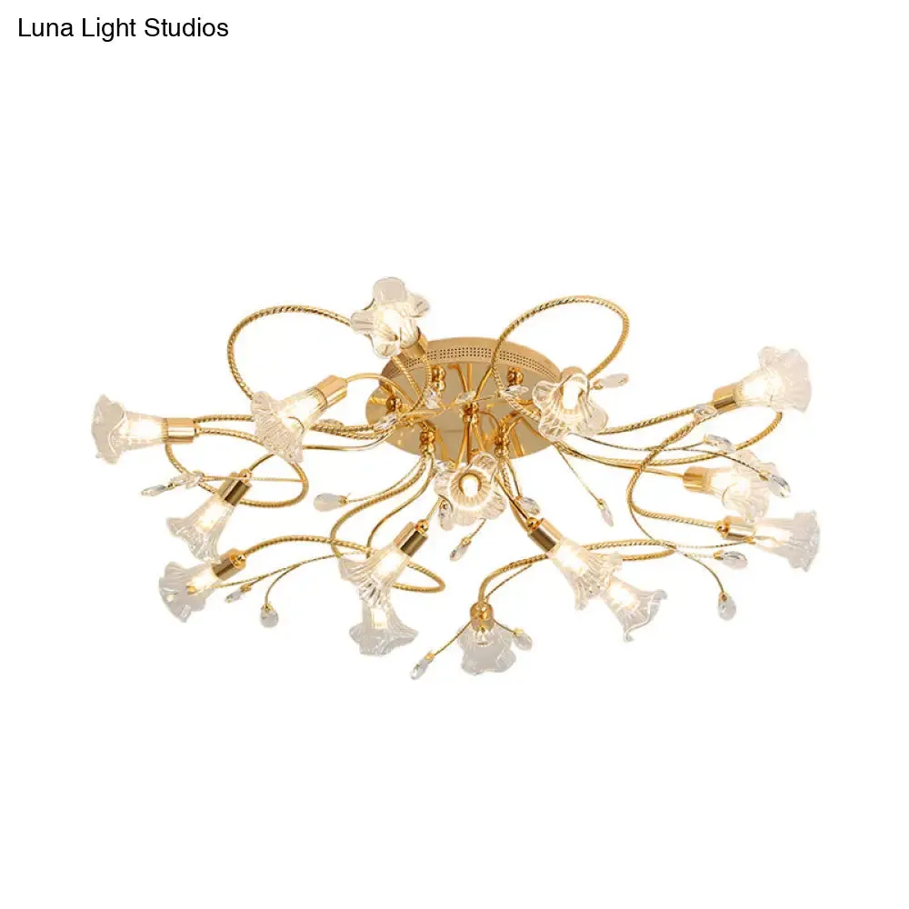 Gold Crystal Floral Semi Flush Mount Modern Ceiling Lighting for Living Room - 10/15 Heads