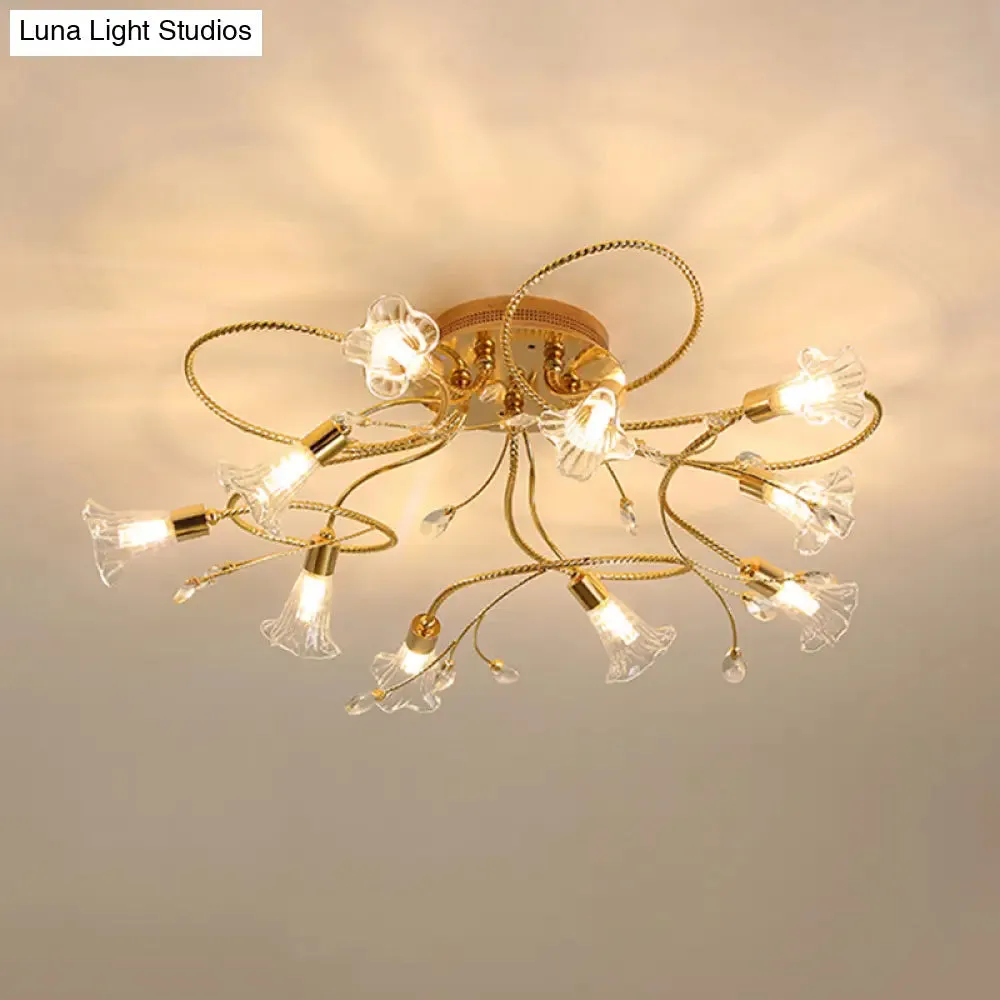 Gold Crystal Floral Semi Flush Mount Modern Ceiling Lighting for Living Room - 10/15 Heads
