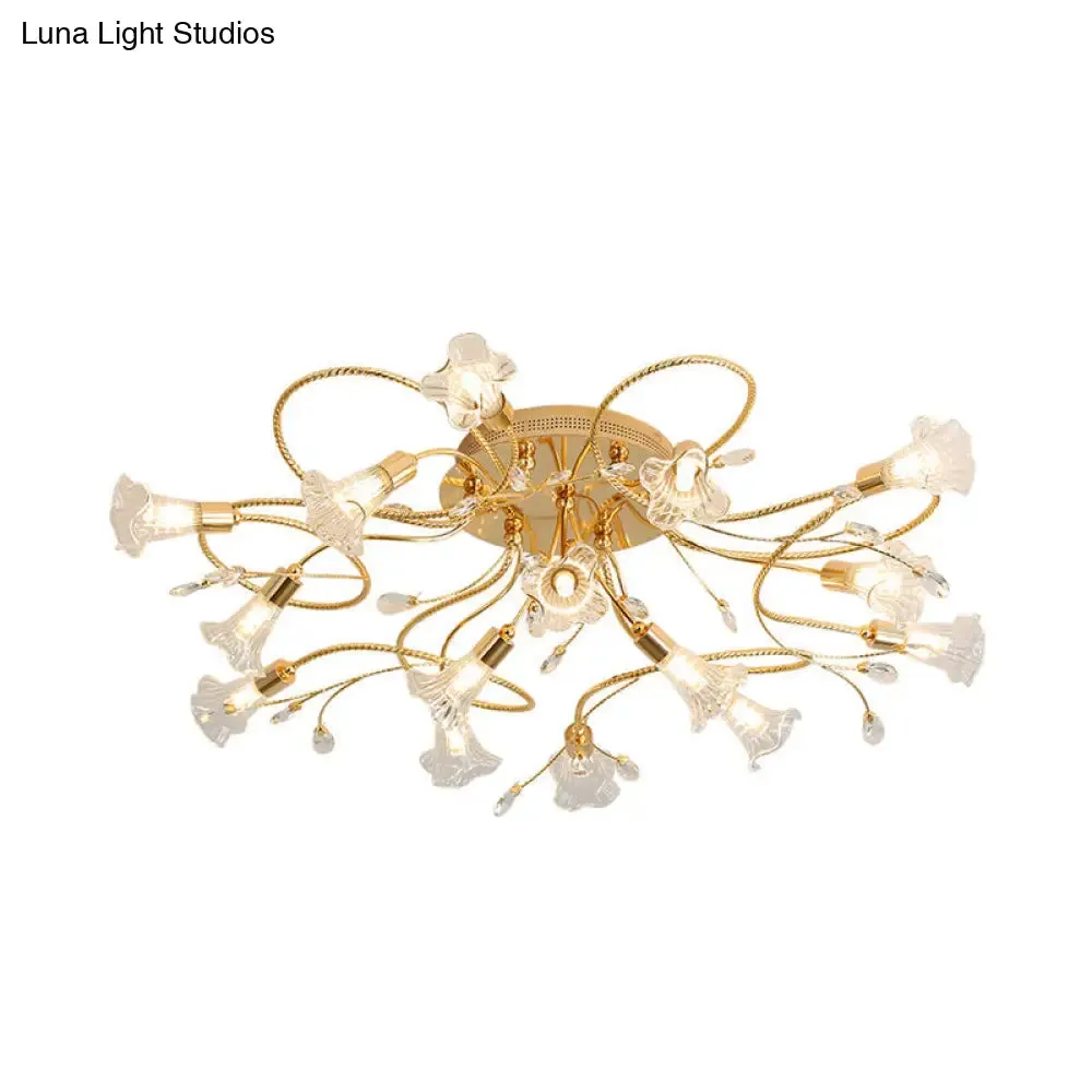 Gold Crystal Floral Semi Flush Mount Modern Ceiling Lighting for Living Room - 10/15 Heads