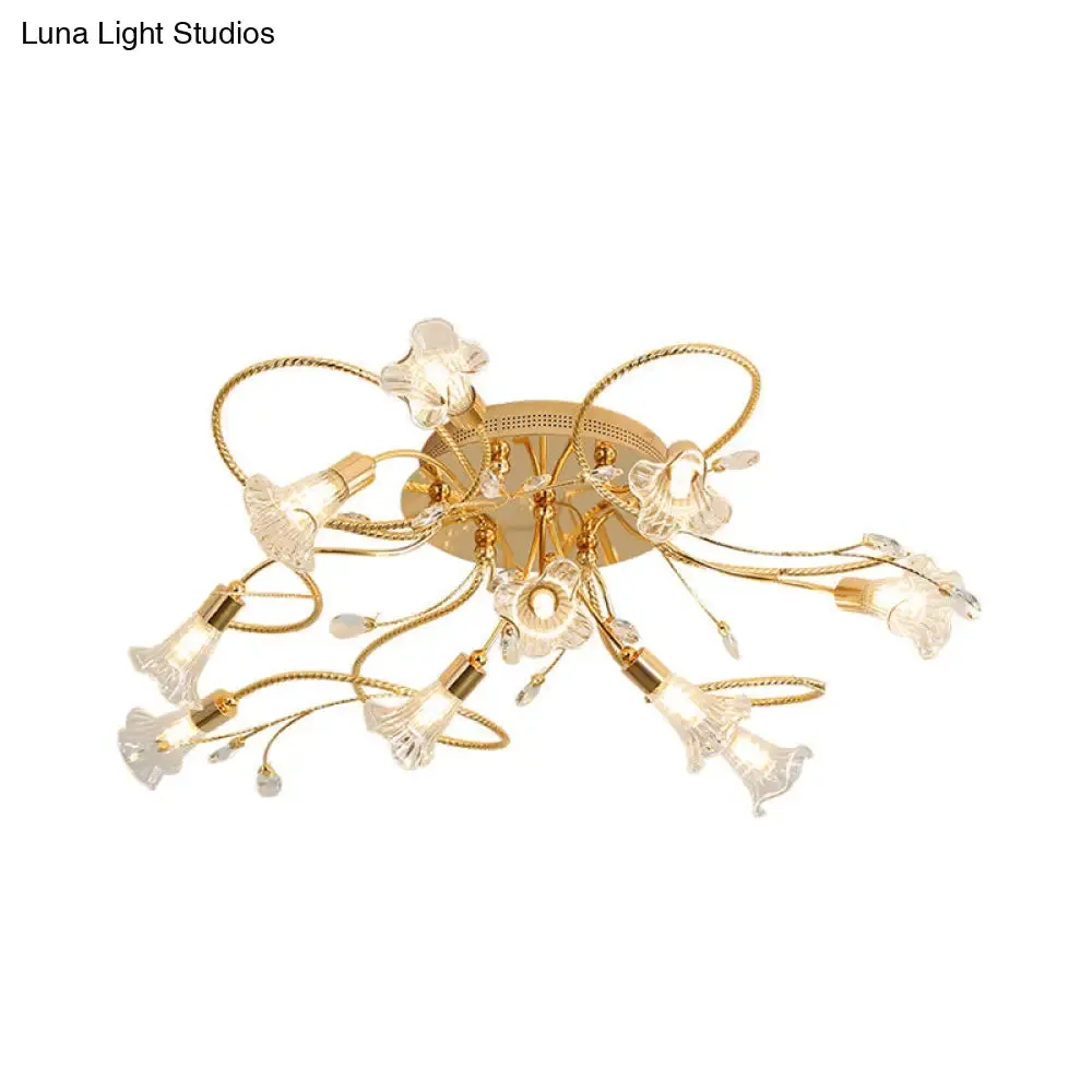 Gold Crystal Floral Semi Flush Mount Modern Ceiling Lighting for Living Room - 10/15 Heads
