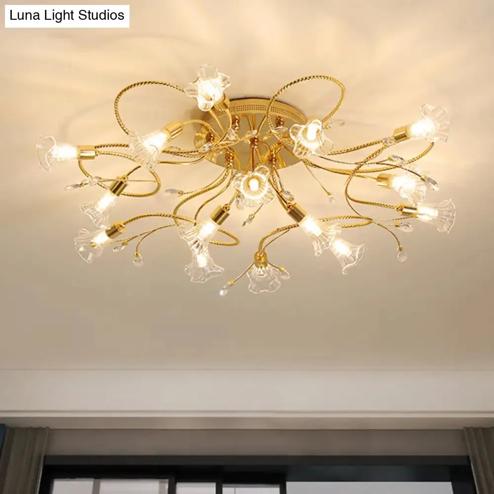 Gold Crystal Floral Semi Flush Mount Modern Ceiling Lighting for Living Room - 10/15 Heads