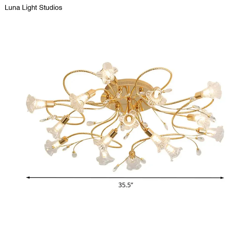 Gold Crystal Floral Semi Flush Mount Modern Ceiling Lighting for Living Room - 10/15 Heads