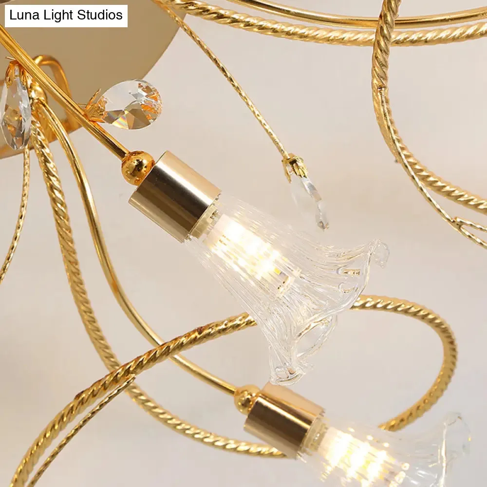 Gold Crystal Floral Semi Flush Mount Modern Ceiling Lighting for Living Room - 10/15 Heads