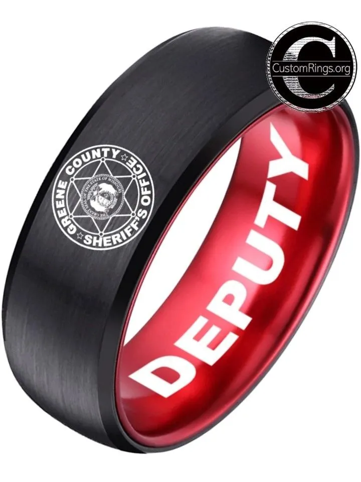 Greene County Sheriff's Office Deputy Logo Ring Black and Red Tungsten Band