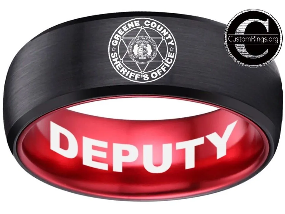 Greene County Sheriff's Office Deputy Logo Ring Black and Red Tungsten Band