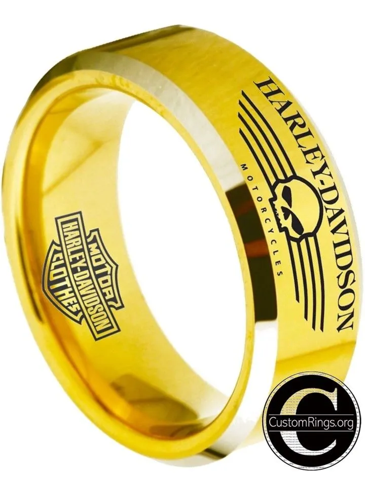 Harley Davidson Ring Men's Ring 8mm Gold Tungsten Wedding Ring #harleydavidson