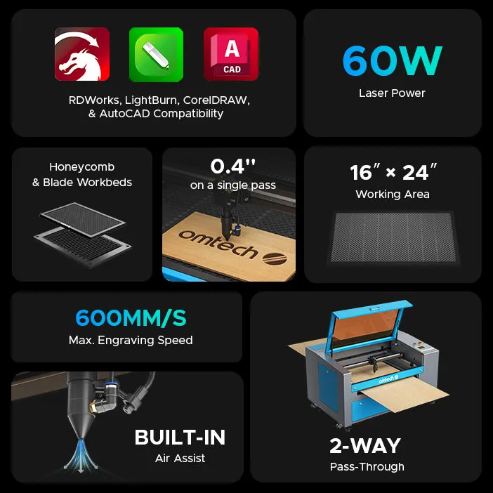 MF1624-60 - 60W CO2 Laser Engraver Cutting Machine with 16" x 24" Working Area