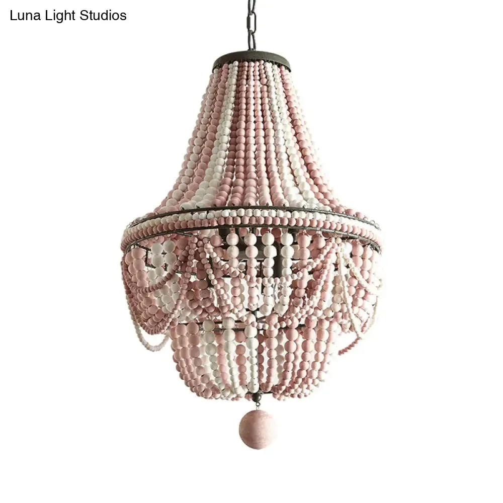 Nordic Wood Laser Cut Empire Chandelier - Pink/Blue, 8 Heads Pendant Light Fixture with Spherical Drop