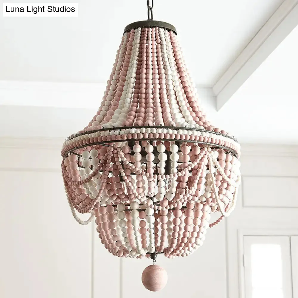 Nordic Wood Laser Cut Empire Chandelier - Pink/Blue, 8 Heads Pendant Light Fixture with Spherical Drop