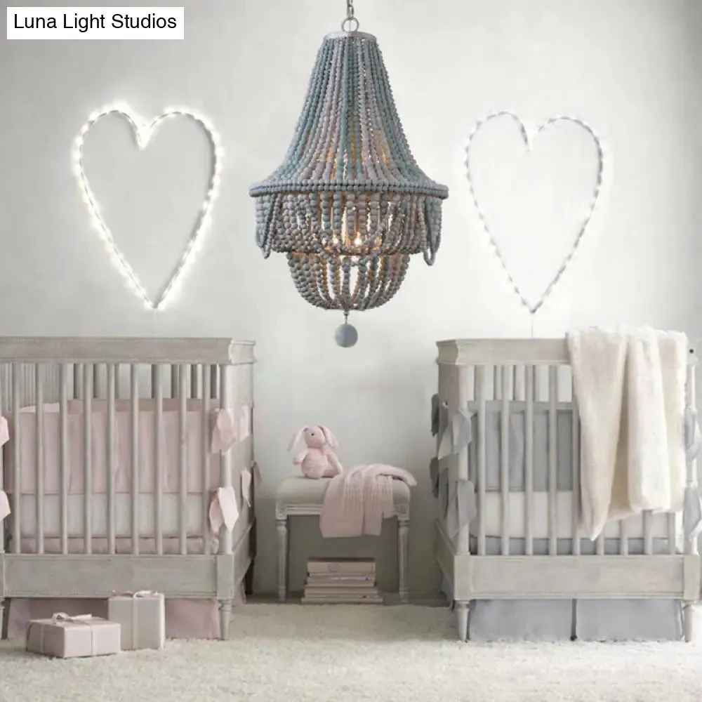 Nordic Wood Laser Cut Empire Chandelier - Pink/Blue, 8 Heads Pendant Light Fixture with Spherical Drop