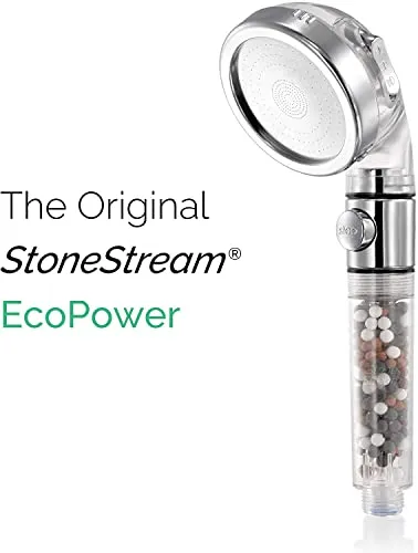 Original StoneStream Shower Head, Eco Power High Pressure Water Softener Filtered Handheld Showerhead with Spa like Ionic beads for Dry Skin & Hair — 3 Spray Settings