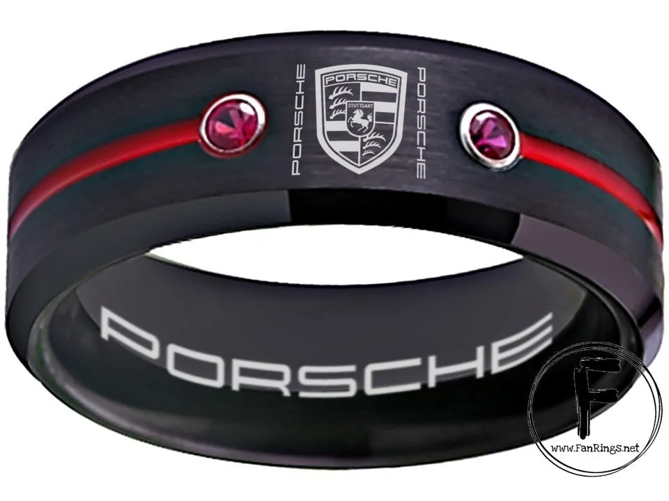 Porsche Ring Porsche 911 Ring 8mm Tungsten Black and Blue CZ Ring Sizes 6 -13