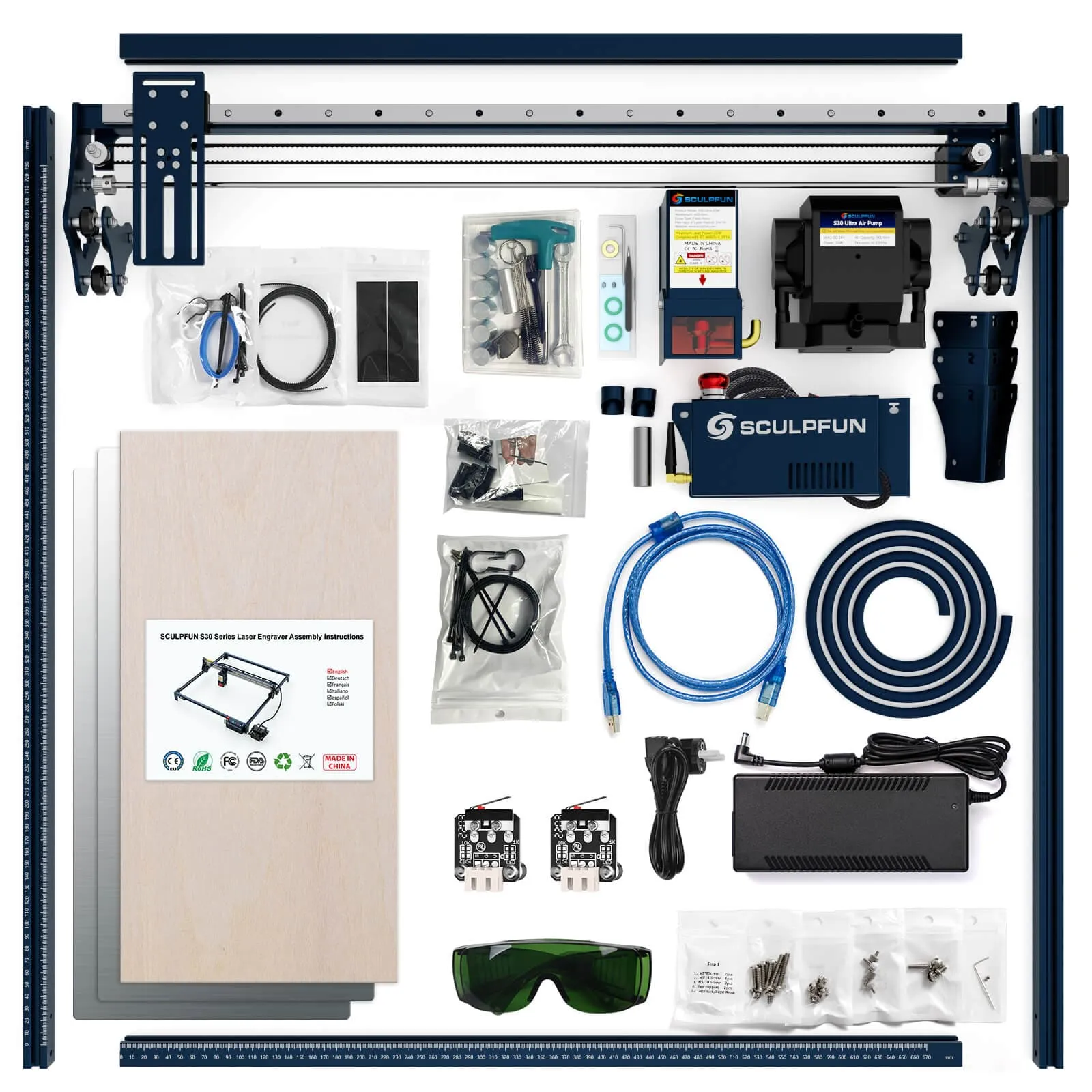 SCULPFUN S30 Ultra 33W Laser Engraver   RA Pro Max Roller&Chuck   H3 Honeycomb Panel 60*60cm