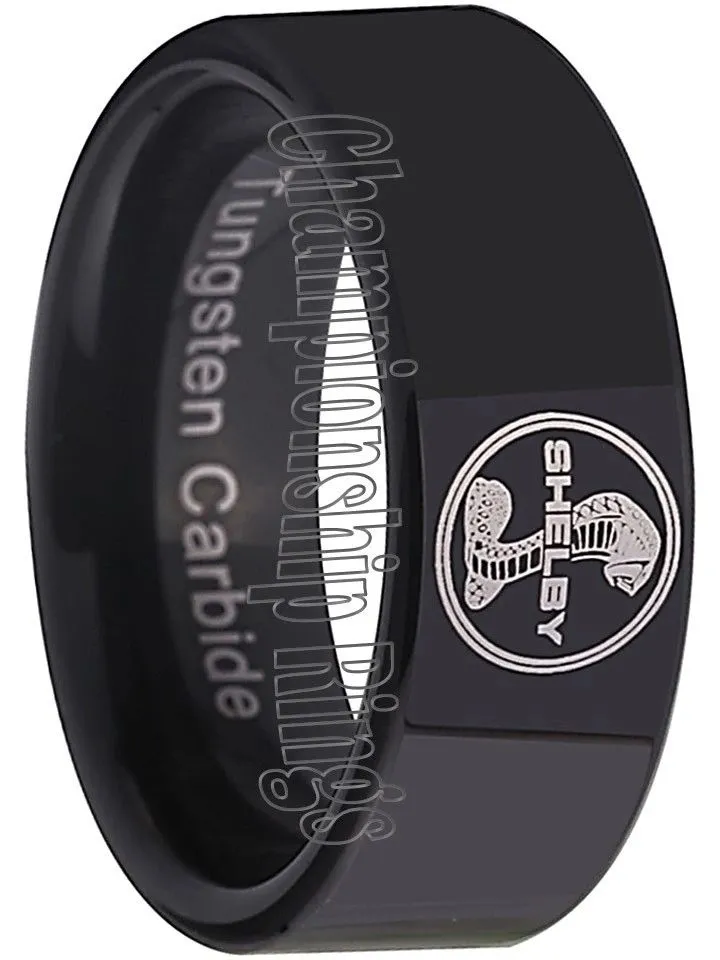 Shelby Cobra Ring Ford Mustang GT500 Wedding Band Black 8mm Tungsten Ring 6 - 13