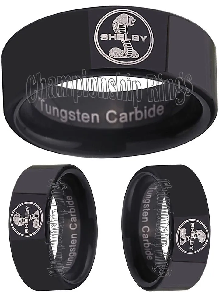 Shelby Cobra Ring Ford Mustang GT500 Wedding Band Black 8mm Tungsten Ring 6 - 13