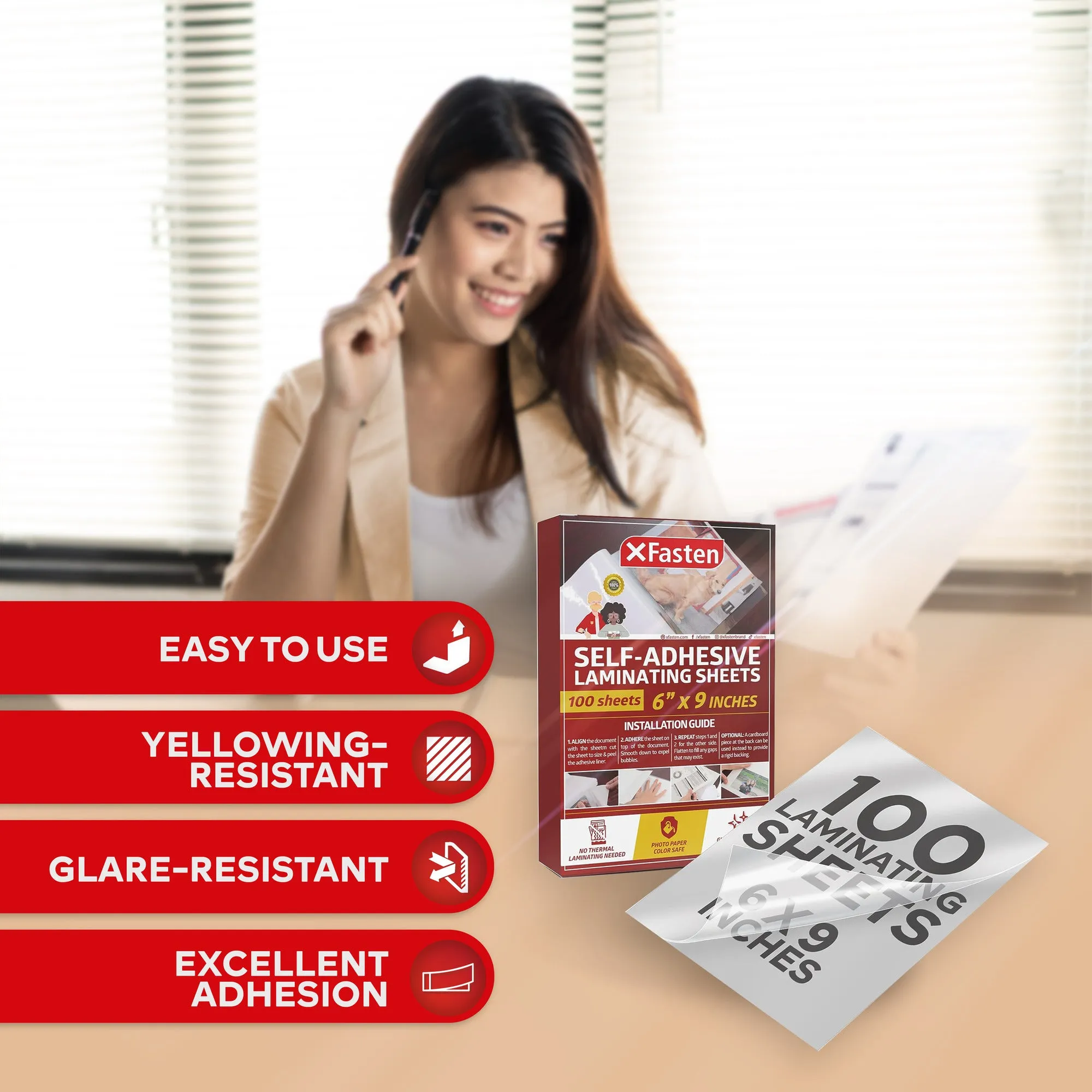 XFasten Self-Adhesive Laminating Sheets, 6 x 9 Inches, Pack of 100